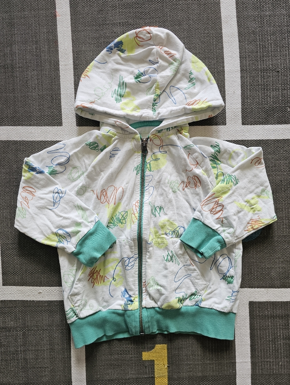 Kids White Scribble Print Zip Hoodie with Teal Trim